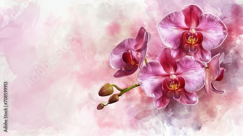 Tropical Orchid flower watercolor illustration  copy space.