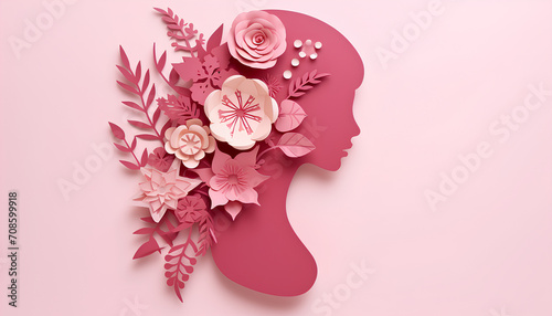 Silhouette of a woman in flowers in paper cut style in pastel pink peach color. International Women's Day, Mothers Day concept design for congratulations, banner, advertising, social networks. © Татьяна Бабышева