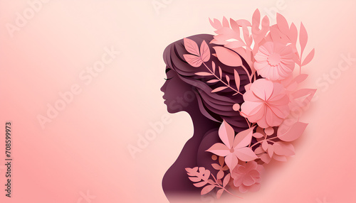 Silhouette of a woman in flowers in paper cut style in pastel pink peach color. International Women's Day, Mothers Day concept design for congratulations, banner, advertising, social networks. © Татьяна Бабышева