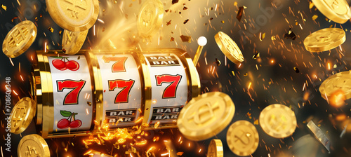 Banner with casino slot machine and shining gold coins with copy space photo