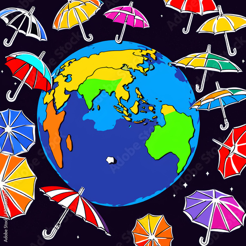 Illustration of earth with colorful umbrellas in space