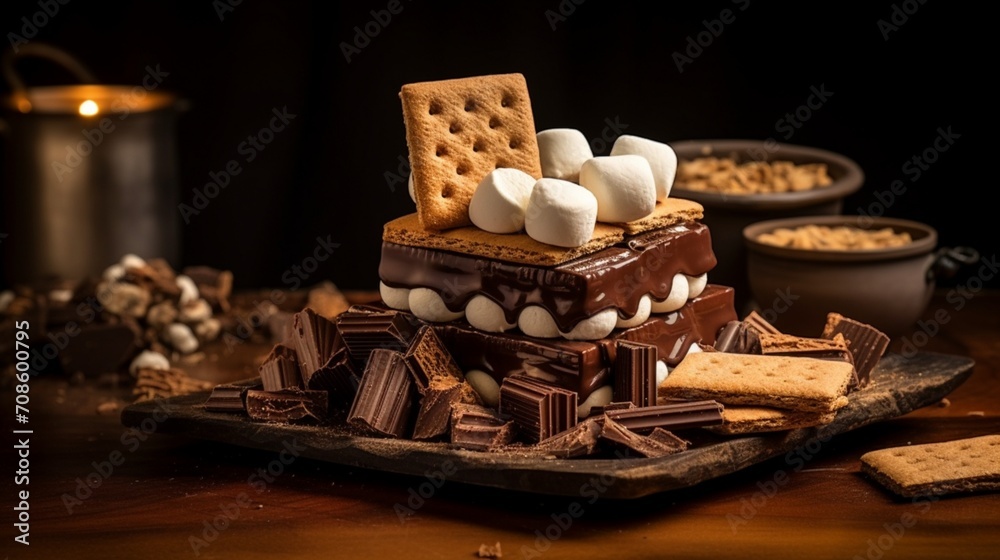 A delectable display of S'mores, their chocolate filling peeking out from the sides, inviting a bite into the delightful sweetness. The arrangement promises a blissful culinary experience.
