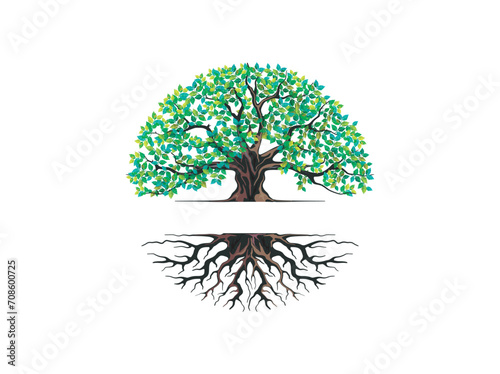 circle  tree logo template. gorgeous oak tree and roots illustration. circular tree.