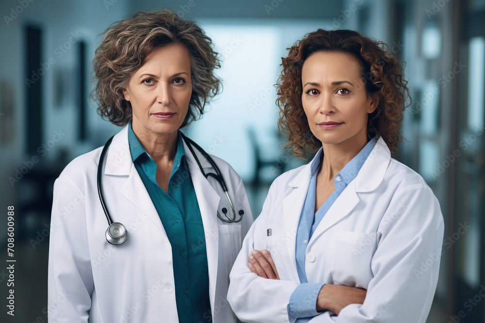 Experienced Medical Specialists with Confident Stance. Two experienced medical specialists stand with confidence in a clinical setting, exuding professionalism. Experienced Medical Specialists with Confident Stance. Two experienced medical specialists stand with confidence in a clinical setting, exuding professionalism.