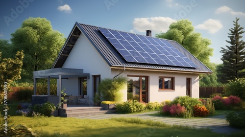 A modern, realistic-looking home with solar panels on the roof, Generative AI. © Electro Unicorn