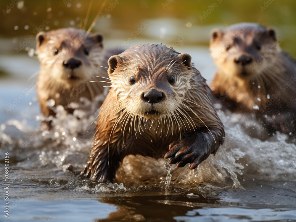 A lively bunch of otters joyfully playing and creating a splash in the water. A lively bunch of otters joyfully playing and creating a splash in the water.