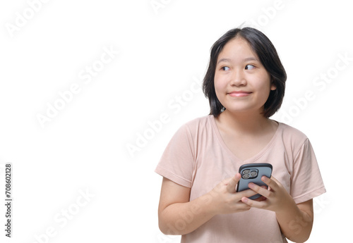 Portrait of attractive cheerful amazed asian girl using device gadget app isolated on white background.