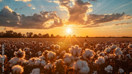 Sun Setting Over Cotton Field