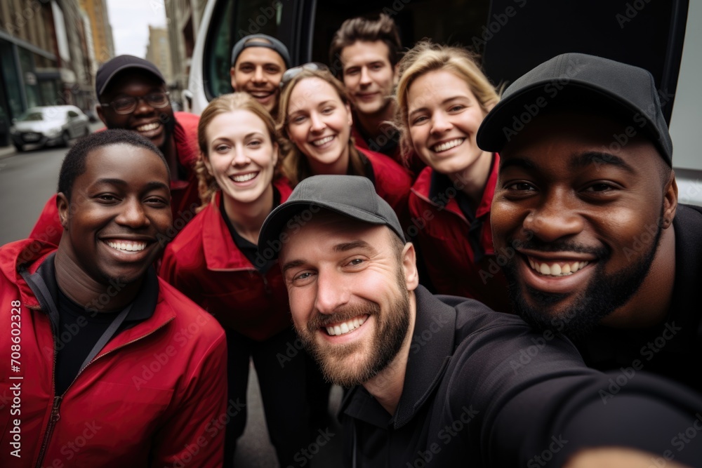Smiling group of delivery drivers taking a selfie Smiling group of delivery drivers taking a selfie