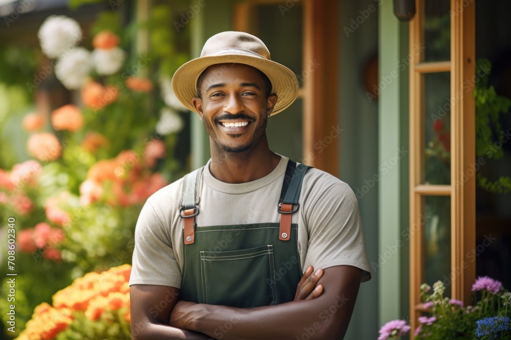 Smiling gardener with hat standing in summer garden