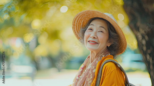 older japanese lady is walking in the park during fall 