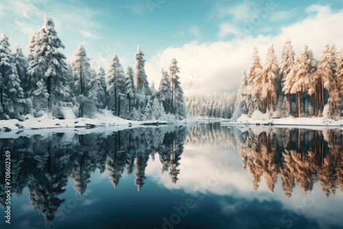 Winter wonderland with snowy forest and mountain reflection in calm lake