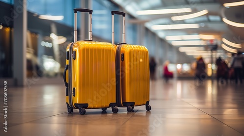 A picture of holiday planning and flight travel featuring two plastic luggage in an empty airport hallway, Generative AI.