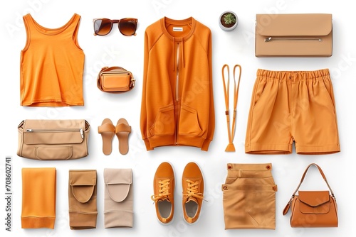 Fashionable Orange Summer Outfit Flat Lay. Generative AI. photo