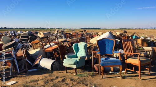 A landfill site with piles of discarded furniture photo