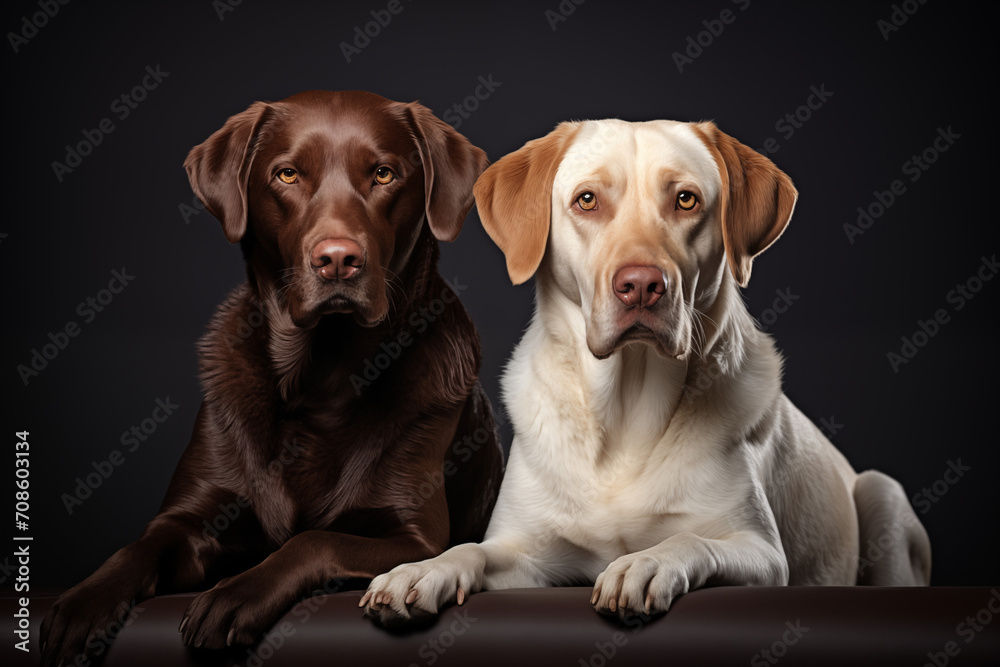 Obraz premium Zwei Labrador mit unterschiedlichen Farben, brauner Labrador und goldener Labrador