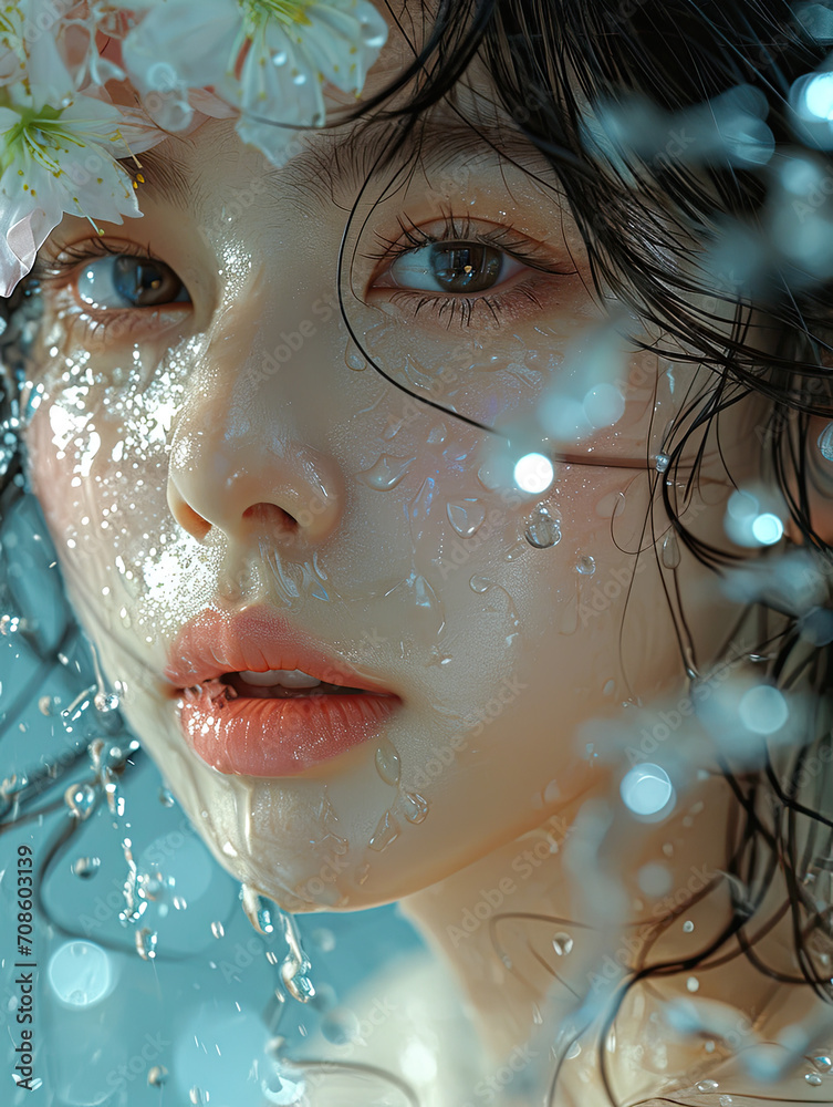 young and beautiful teenager asian model with natural make up with blue water background and white flower blossoms young and beautiful teenager asian model with natural make up with blue water background and white flower blossoms