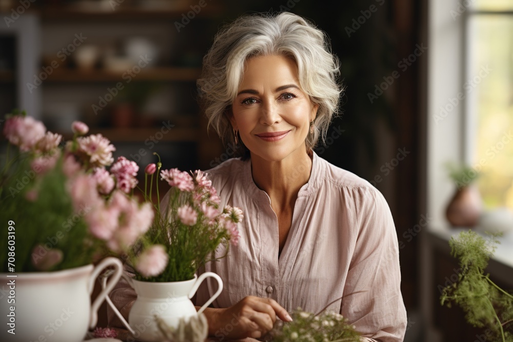 Portrait of a smiling middle-aged woman with gray hair