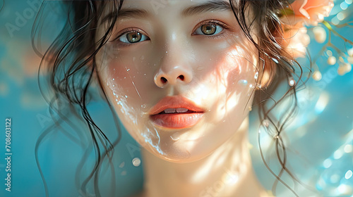 asian model with natural make up under the water 