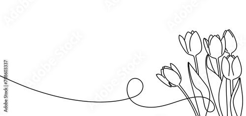 Continuous one line drawing of beautiful spring flowers graphic design. Single line art illustration bouquet of tulips on transparent background photo