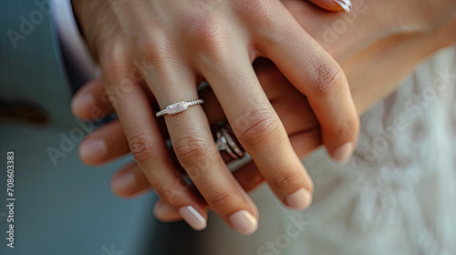 close up hand with wedding ,engagement ring on the ring finger © kora studio