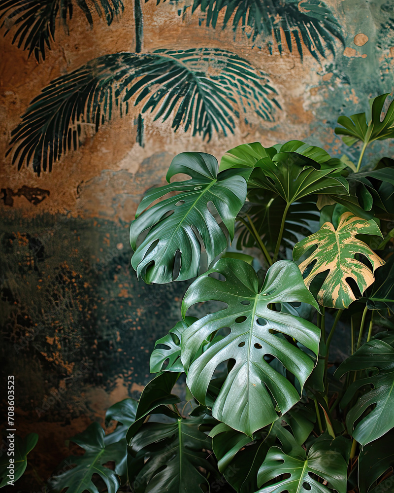 philodendron plant in the vase in front of ripped paint  old wall background