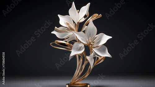 A mesmerizing flower-shaped award trophy, its vibrant petals and graceful curves capturing the essence of accomplishment and success, standing tall against a backdrop of pristine white.