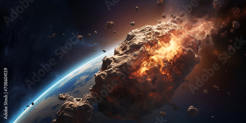Meteor and mountain with light background, A meteor blazing through the atmosphere, An asteroid falls to earth generative ai