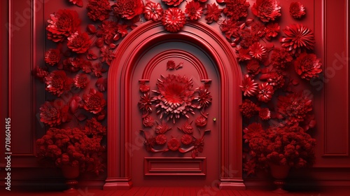 A crimson wall with a blank space and a red door with exquisite volumetric flowers, Generative AI.