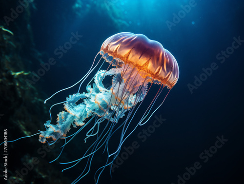 A tranquil jellyfish peacefully drifting amidst the vast and mysterious depths of the ocean. © Szalai
