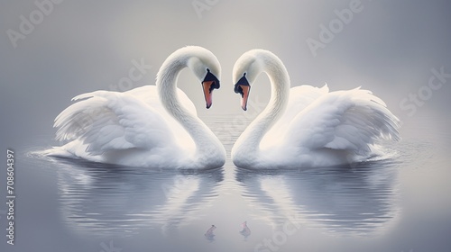 a pair of swans gliding on a tranquil pond, their elegant necks forming a heart shape against a background of pure white, symbolizing the timeless beauty of love.