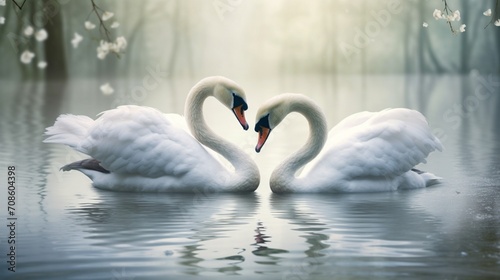 a pair of swans gliding on a tranquil pond  their elegant necks forming a heart shape against a background of pure white  symbolizing the timeless beauty of love.