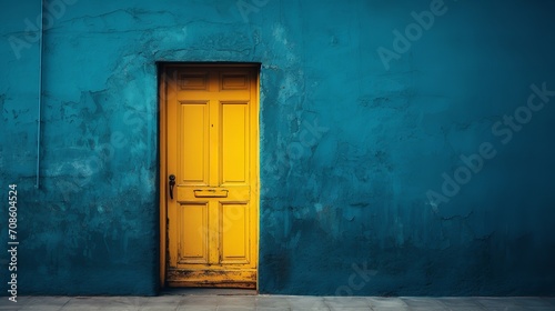 A  vintage home with a yellow door and a blue wall with  empty space  Generative AI.