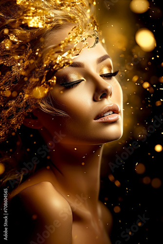 Woman with golden make-up in gold glittering dress on golden background. Beautiful woman with flowing hair. Warm, luxury and elegance atmosphere