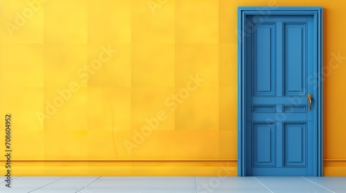 Abstract interior with a yellow door and blue backdrop and empty space, Generative AI. photo