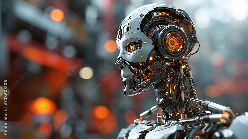 A future robot isolated on blurred city background A future robot isolated on blurred city background