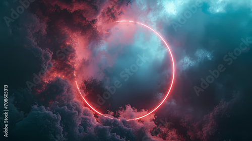 Abstract minimal concept. Dark illuminated stormy clouds background with neon glowing frame ring. Marketing or advertising text or a product photo
