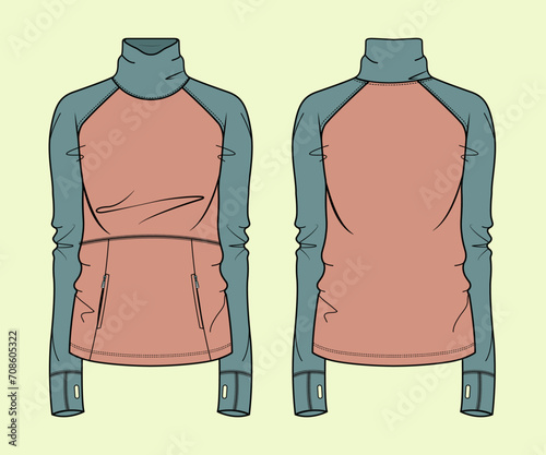 Ladies funnel neck zip through flat sketch vector illustration gym and training raglan long sleeve zip up sports t shirt technical cad drawing template. 