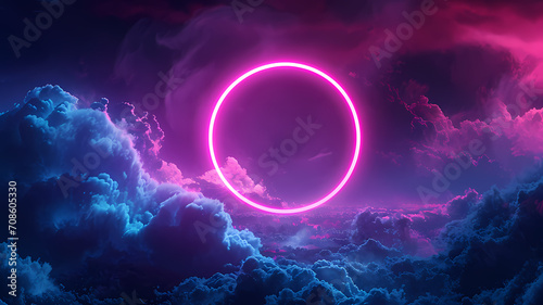 Abstract minimal concept. Dark illuminated stormy clouds background with neon glowing frame ring. Marketing or advertising text or a product photo
