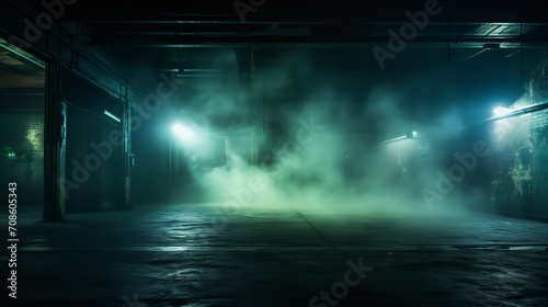 An abandoned studio with a cement floor, vibrant smoke in the backdrop, and floodlights above, Generative AI.