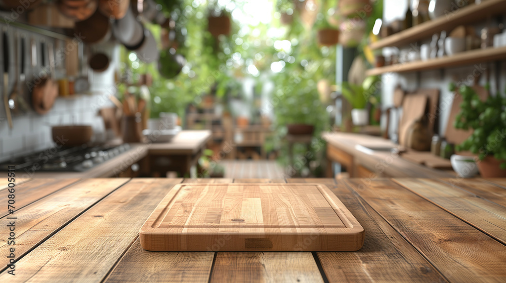 Wooden table with blurred kitchen background. Image for food blogger, advertising campaign, post, banner or billboard. Bg of food preparation. Cooking in modern stylish kitchen. Wood countertop