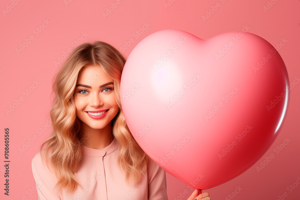 Portrait pretty happy smiling woman with air balloons heart shape on color background. Woman on Valentine's Day. Symbol of love.