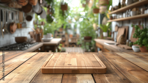 Wooden table with blurred kitchen background. Image for food blogger  advertising campaign  post  banner or billboard. Bg of food preparation. Cooking in modern stylish kitchen. Wood countertop