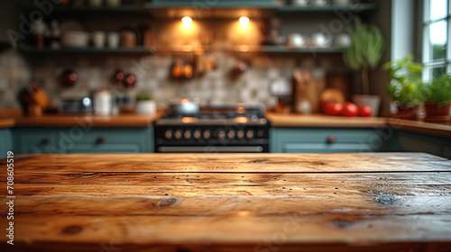 Wooden table with blurred kitchen background. Image for food blogger, advertising campaign, post, banner or billboard. Bg of food preparation. Cooking in modern stylish kitchen. Wood countertop