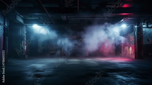 An abandoned studio with a cement floor, vibrant smoke in the backdrop, and floodlights above, Generative AI. © Electro Unicorn