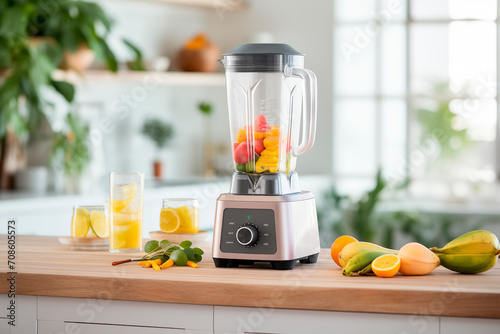 blender full of fresh sliced fruits and ice on kitchen countertop. Making fruit smoothie. Healthy eating concept.