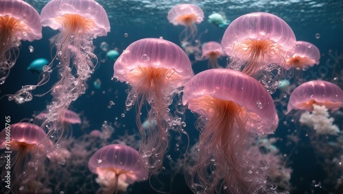 beauty of pink transparent jellyfishes, their delicate forms dancing in the depths of the blue sea, illuminated by the gentle glow of bubbles