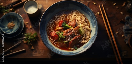 Savory Noodle Feast, Rustic Style, Bowl of Beef and Chicken with Chopsticks on Black Counter