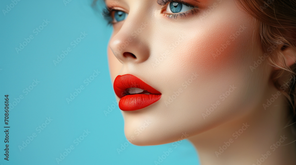 Close-up portrait of a beautiful young woman on a blue background.