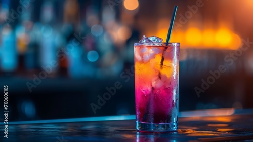 Vibrant Cocktail at a Bar A colourful cocktail with a dark, blurred bar background, highlighted by ambient lighting.